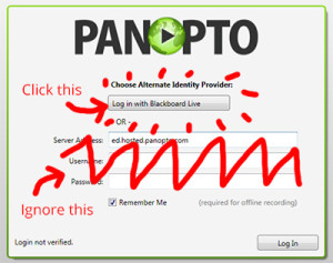 panopto recorder screenshot showing log in with blackboard live button