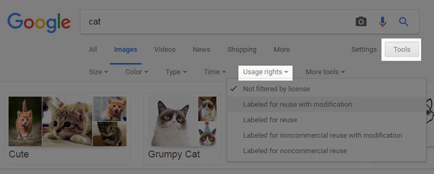 screenshot showing how to search for legally resuable images on google images